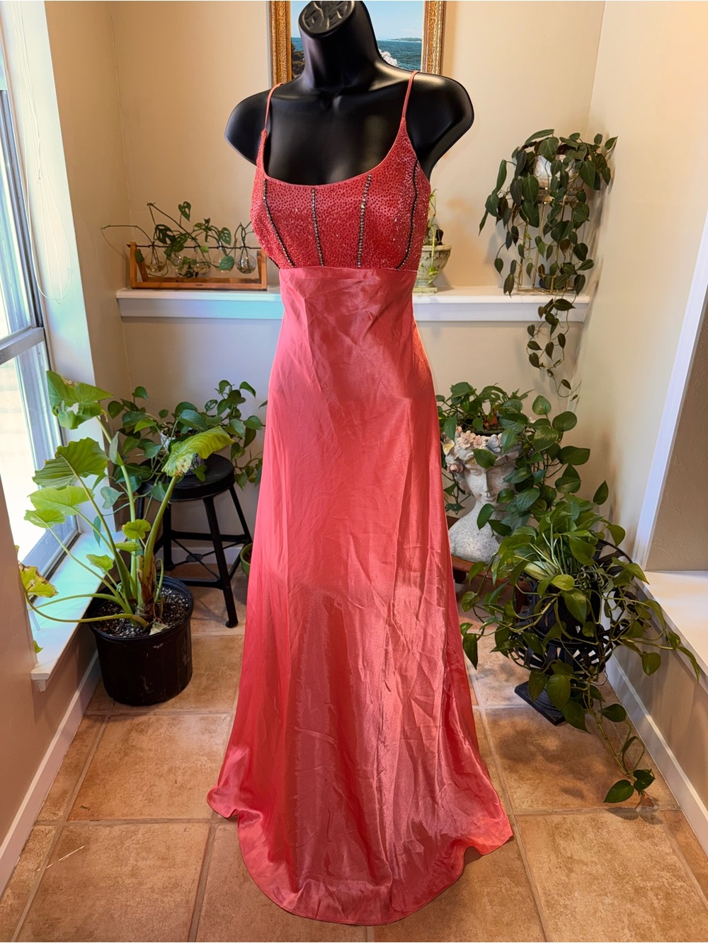 Vintage Y2K Caché Beaded Satin Prom Gown Dress Coral Pink size 11/12